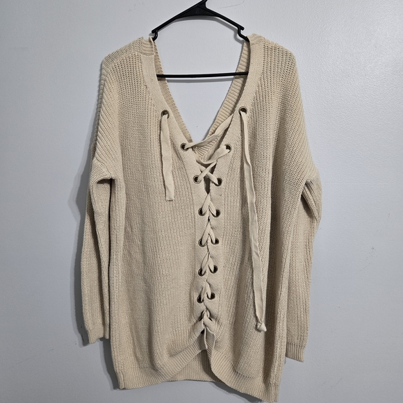 #41 Miracle Cream Lace-Up Women Sweater Size M/L (OVERSIZE) - Picture 1 of 5